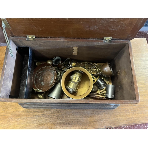 509 - Old sewing box containing metalware to include candlesticks etc