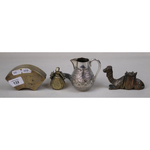 132 - Islamic inkwell in the shape of a camel in 3 metals, plus Chinese brass engraved and copper lined in... 