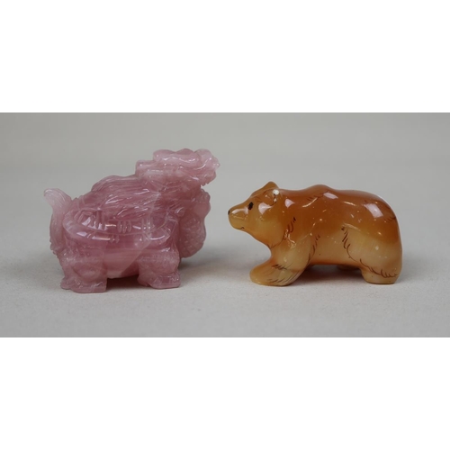 133 - Pink Quartz carving of Chinese Dragon and Tiger's Eye carving of a Bear