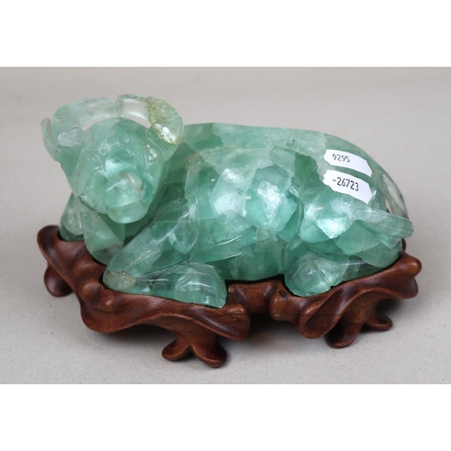 134 - Green Fluorite carving of Buffalo on fitted wooden stand