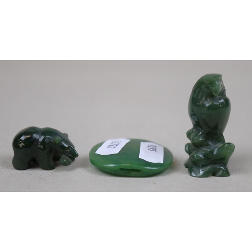 135 - Canadian First Nations Green Jade carvings of an Eagle and a Bear, plus a Chinese Jade purse string ... 