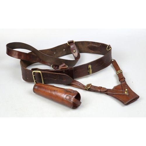 136 - Brown leather Sam Browne belt with sword frog and holster for ceremonial/parade flag