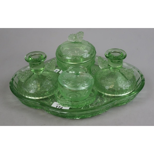 174 - Art Deco green glass dressing table set