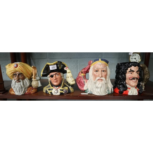 213 - Royal Doulton L/E jugs, Merlin and Snake Charmer, plus Captain Hook and Admiral Nelson, both Charact... 