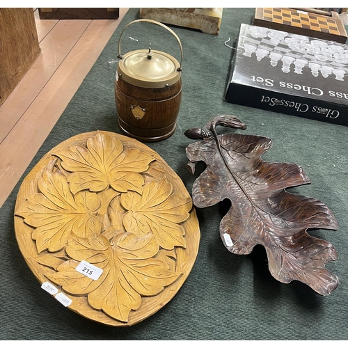 215 - 2 decorative leaf trays together with a biscuit barrel