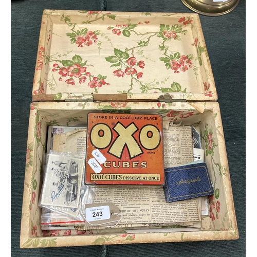 243 - Box of vintage ephemera including an autograph book of 1940's,50's,and 60's celebrities plus a tin o... 