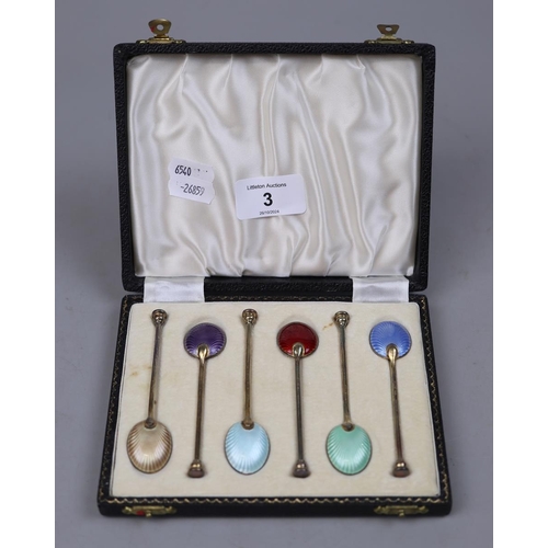 3 - Cased set of 6 enamel silver teaspoons by William Suckling