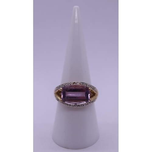 30 - 9ct gold amethyst & diamond set ring - Size O