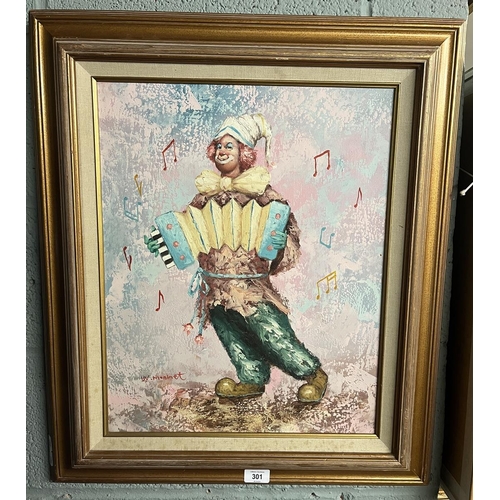 301 - Oil on canvas of clown playing a squeezebox by W Moninet - IS 40cm x 50cm