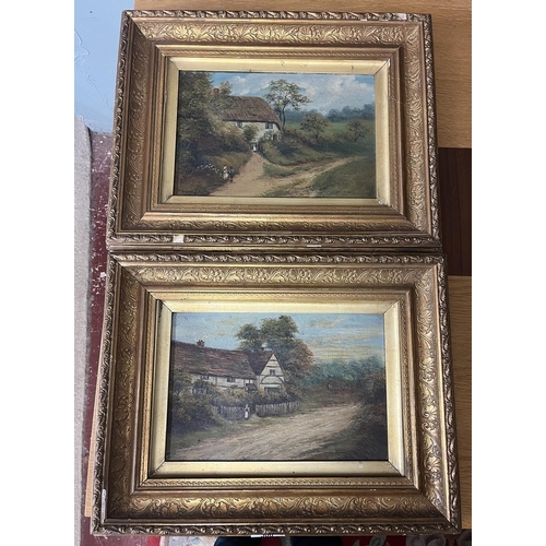 306 - Pair of oils on canvas - Cottage scenes by M Murray 1909 - IS 20cm x 30cm