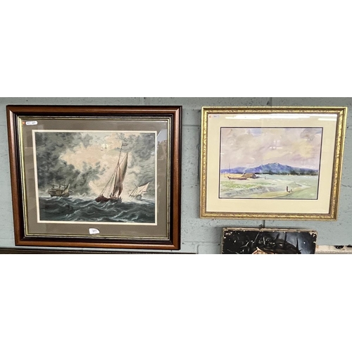 311 - Unusual framed embroidery work of sailing ships at sea together with a framed and signed watercolour