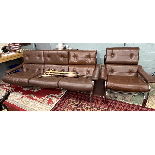 316 - Retro leather and chrome sofa and armchair by PeffApprox sofa size. W: 214cm D: 104cm H: 89cm  Chair... 