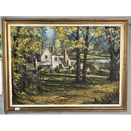 367 - Framed oil on board, woodland cottage scene, by Nigel Hallard - Approx IS 93cm x 67cm