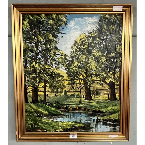 371 - Framed oil on board, rural landscape with pond, by Nigel Hallard - Approx IS 48cm x 58cm