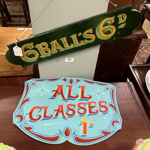 389 - 2 fairground signs all classes & 6 balls 6d