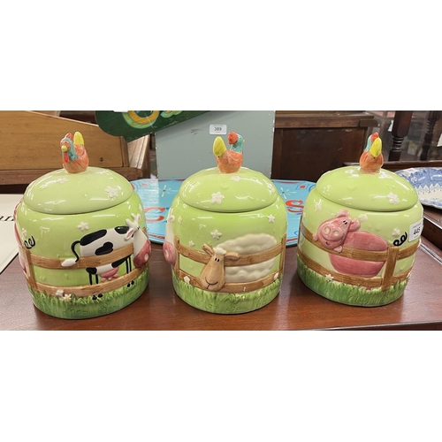 445 - Set of 3 farm yard themed lidded pots