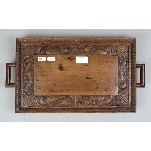 449 - Hand carved 2 handled tray with RAF dedication to the underneath