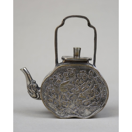 129 - Chinese animal engraved white metal and brass teapot