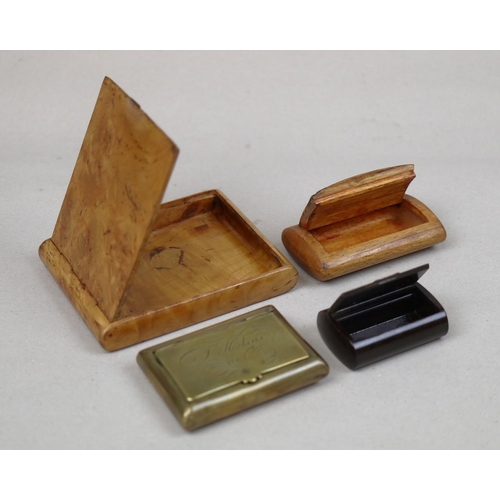 130 - Russian Karelian Burr wood cigarette case plus snuff boxes, in wood, brass and bakelite