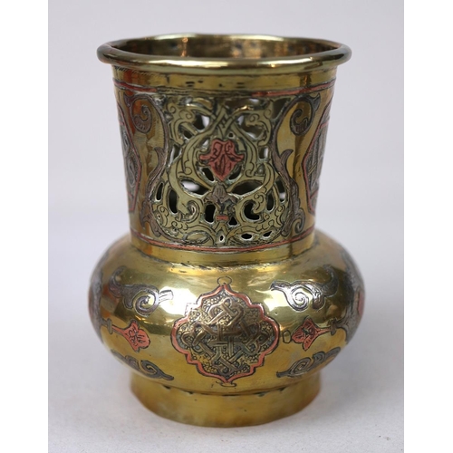 131 - Islamic vase in brass with copper inlay, plus Middle Eastern rosewater sprinkler