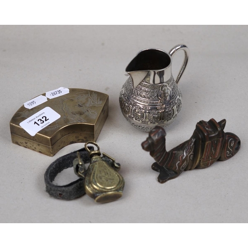 132 - Islamic inkwell in the shape of a camel in 3 metals, plus Chinese brass engraved and copper lined in... 