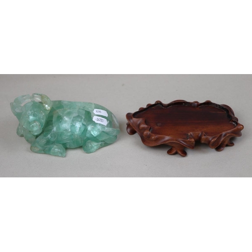 134 - Green Fluorite carving of Buffalo on fitted wooden stand