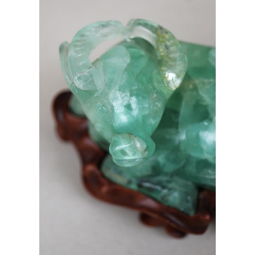 134 - Green Fluorite carving of Buffalo on fitted wooden stand