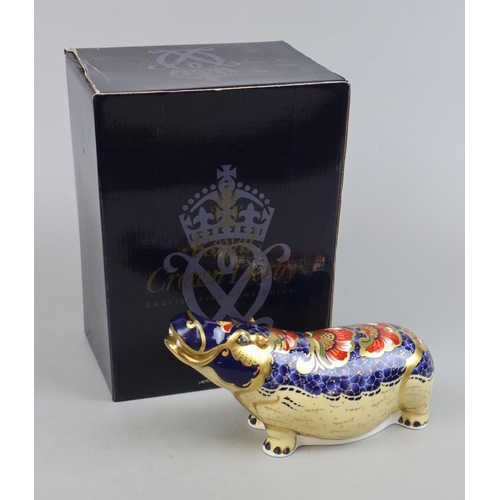 170 - Royal Crown Derby Hippopotamus with gold stopper in original box - Approx L: 28cm