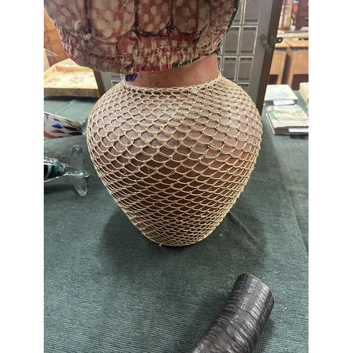 221 - Lidded terracotta pot with cane wrap together with a Jordanian woman's mask