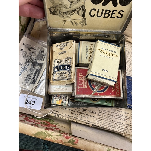 243 - Box of vintage ephemera including an autograph book of 1940's,50's,and 60's celebrities plus a tin o... 