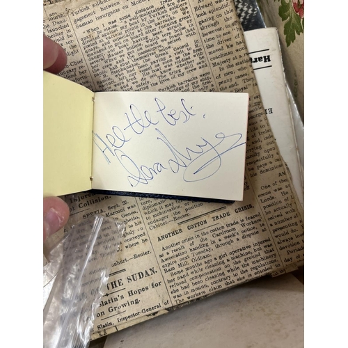 243 - Box of vintage ephemera including an autograph book of 1940's,50's,and 60's celebrities plus a tin o... 