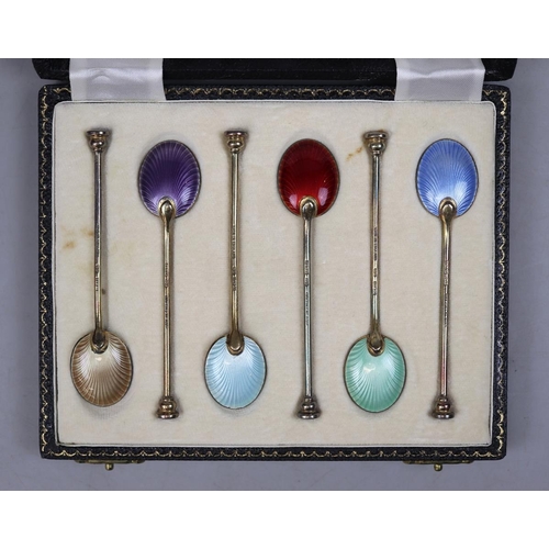 3 - Cased set of 6 enamel silver teaspoons by William Suckling