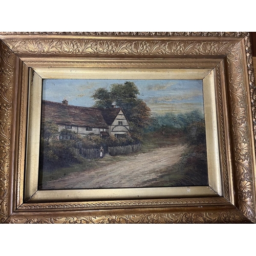 306 - Pair of oils on canvas - Cottage scenes by M Murray 1909 - IS 20cm x 30cm