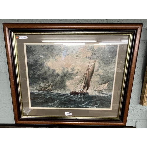 311 - Unusual framed embroidery work of sailing ships at sea together with a framed and signed watercolour