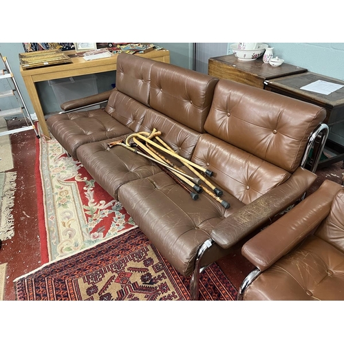 316 - Retro leather and chrome sofa and armchair by PeffApprox sofa size. W: 214cm D: 104cm H: 89cm  Chair... 