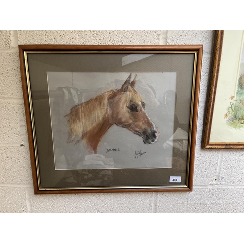 430 - Pastel of a horse signed Dennis together with a watercolour of a stag