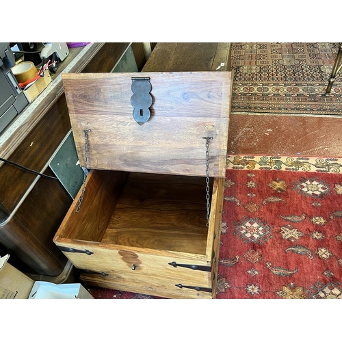 437 - Sheesham wood chest with forged steel fixtures and 2 hinged top openings.