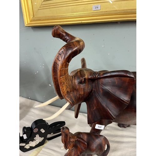 448 - Large heavy wooden elephant mother & calf - Approx H: 55cm