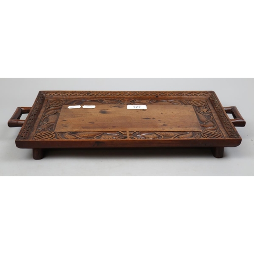 449 - Hand carved 2 handled tray with RAF dedication to the underneath