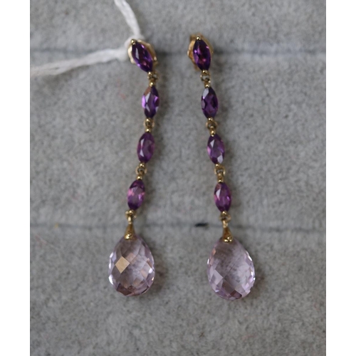 109 - 9ct gold pair of amethyst set drop earrings