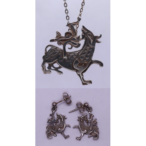 123 - Hallmarked silver Ola Gorie Maeshowe dragon pendent & earrings