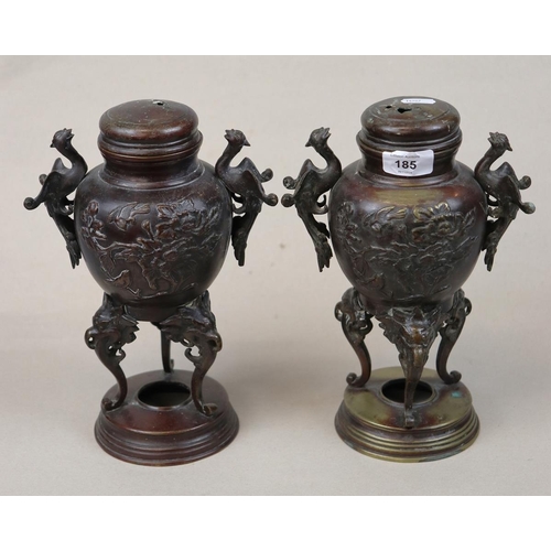 185 - Pair of bronze incense burners - Approx H: 28cm