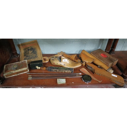 243 - Collection of wooden items to include gun cleaning kit and campaign boot pusher