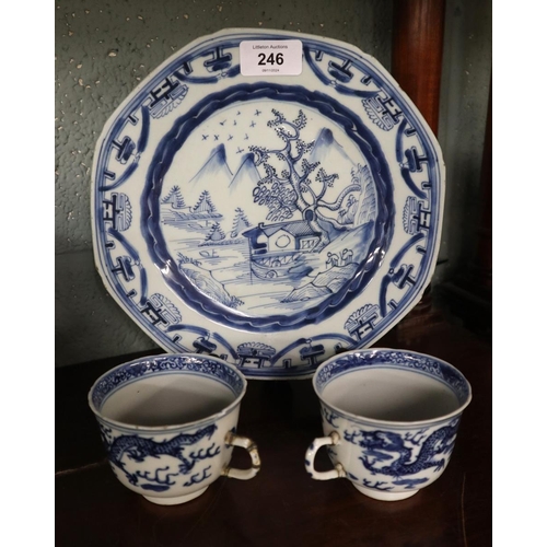 246 - Antique Chinese blue and white plate together with 2 cups