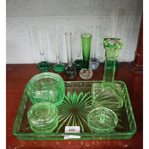 249 - Green glass dressing table set together with posy glasses