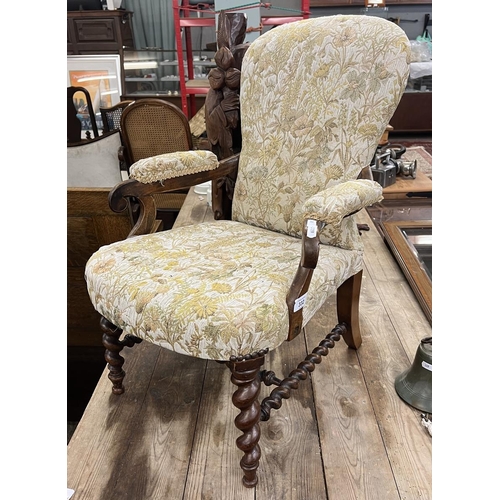 332 - Antique upholstered child's armchair with barley twist legs