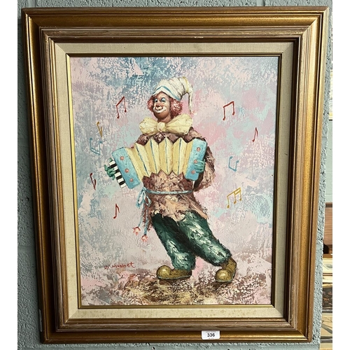 336 - Oil on canvas of clown playing a squeezebox by W Moninet - IS 40cm x 50cm