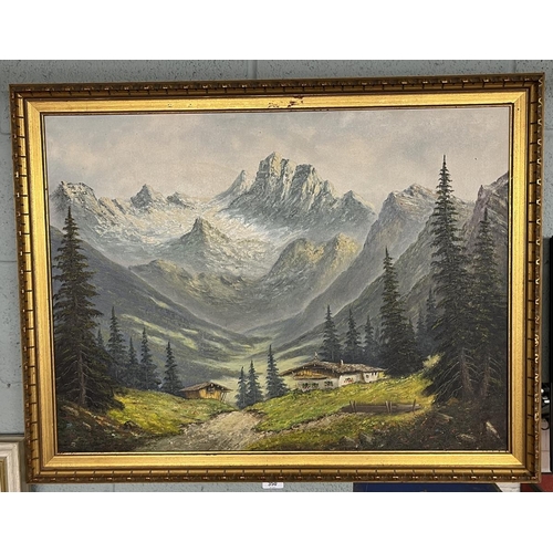 350 - Large oil on canvas - Mountain scene indistinct signature - Approx IS: 80cm x 59cm