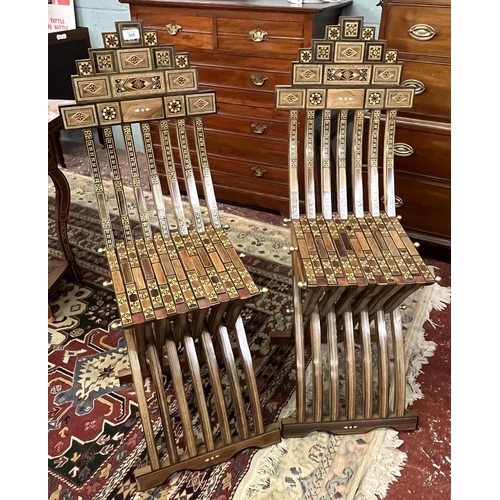 366 - Fine pair of Syrian handmade folding wooden chairs with mosaic inlay to include mother-of-pearl