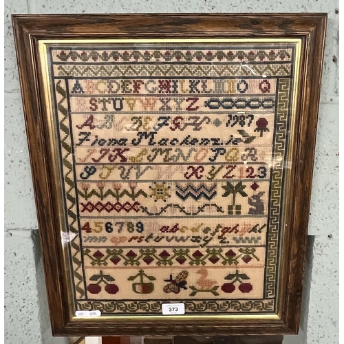 373 - Framed sampler by Fiona Mackenzie 1987 - Approx IS: 35cm x 44cm